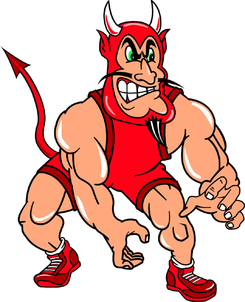 Devil wrestling mascot full color vinyl sports sticker. Customize on line. Devil Wrestling